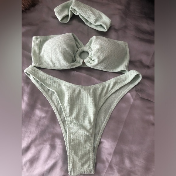Mint Green 3 Piece Bikini Set with Bandeau Top ,High-cut Bottoms & Headband New - Picture 4 of 8